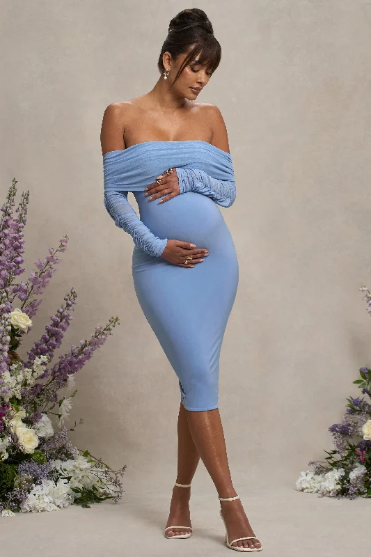 Patiently Waiting | Powder Blue Maternity Ruched Mesh Bardot Midi Dress Classic A-line Skirt