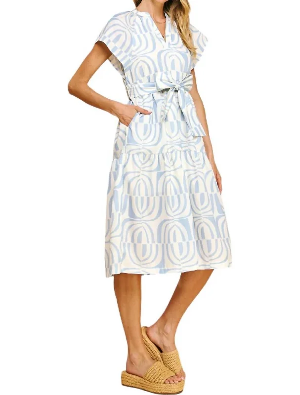 Print Tiered Midi Dress In Light Blue Formal Midi Skirt