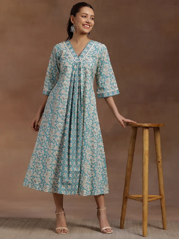 Blue Printed Cotton A-Line Dress Polka dot unclassified dresses