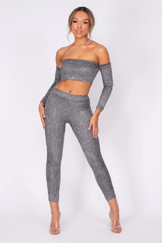 Havana Black Silver Metallic Glitter Two Piece Leggings Co-ord Set Elegant unclassified dresses