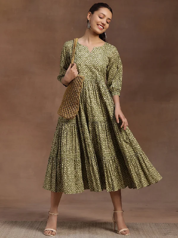 Green Printed Cotton A-Line Dress Tulle unclassified dresses