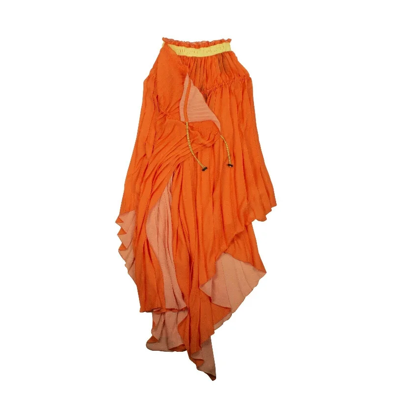 Pleated Drawstring Dress - Orange Sleeveless unclassified dresses