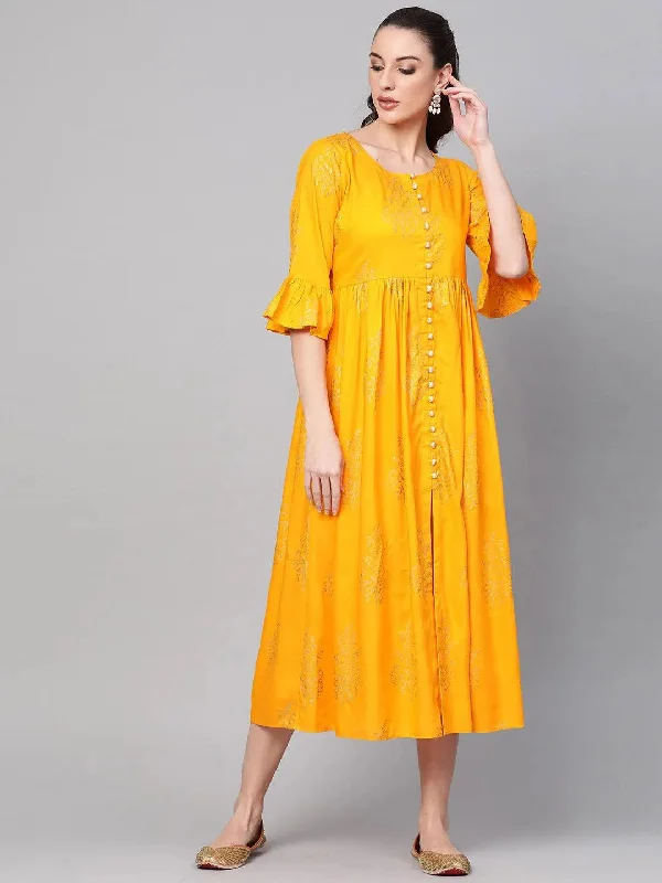 Yellow Printed Cotton Dress Stretchy unclassified dresses